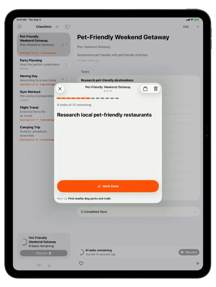 Focus mode over a checklist on iPad