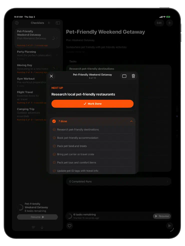 A running checklist on iPad in dark mode
