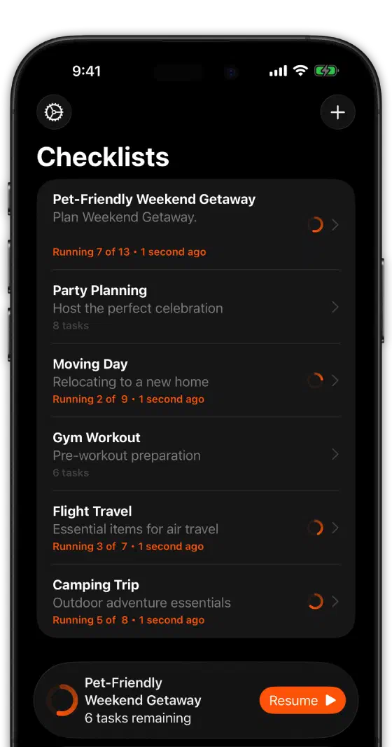 The PreFlight checklist list on iPhone in dark mode