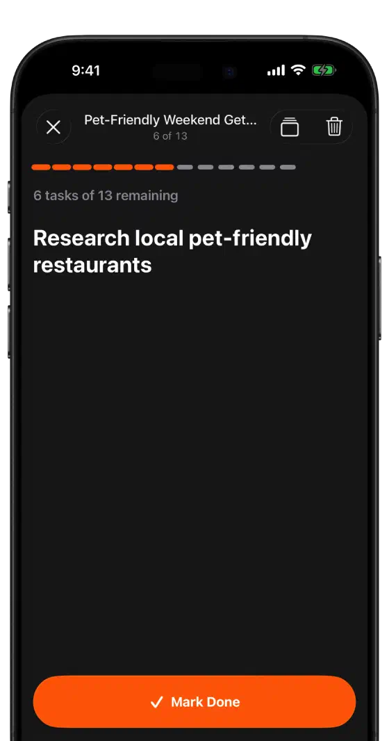 Focus mode on iPhone, showing one task at a time with a Mark Done button