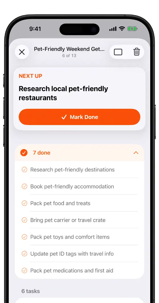 A running checklist on iPhone, showing completed tasks and the next task up